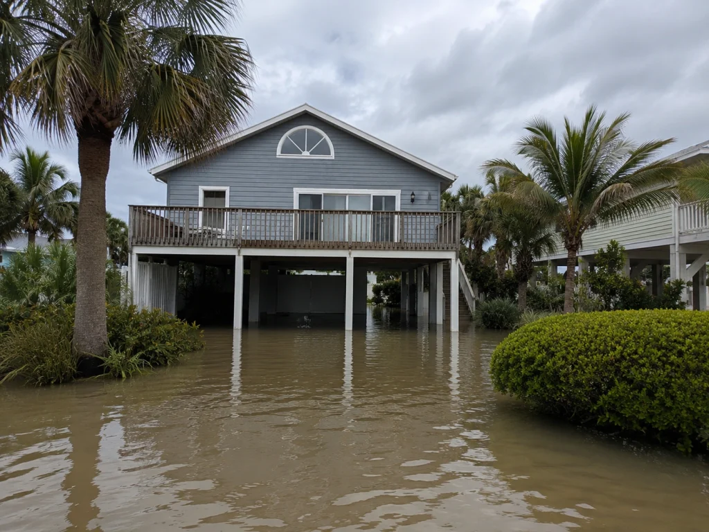 Elevated Bradenton, FL coastal home surrounded by storm surge floodwater after severe coastal flooding.